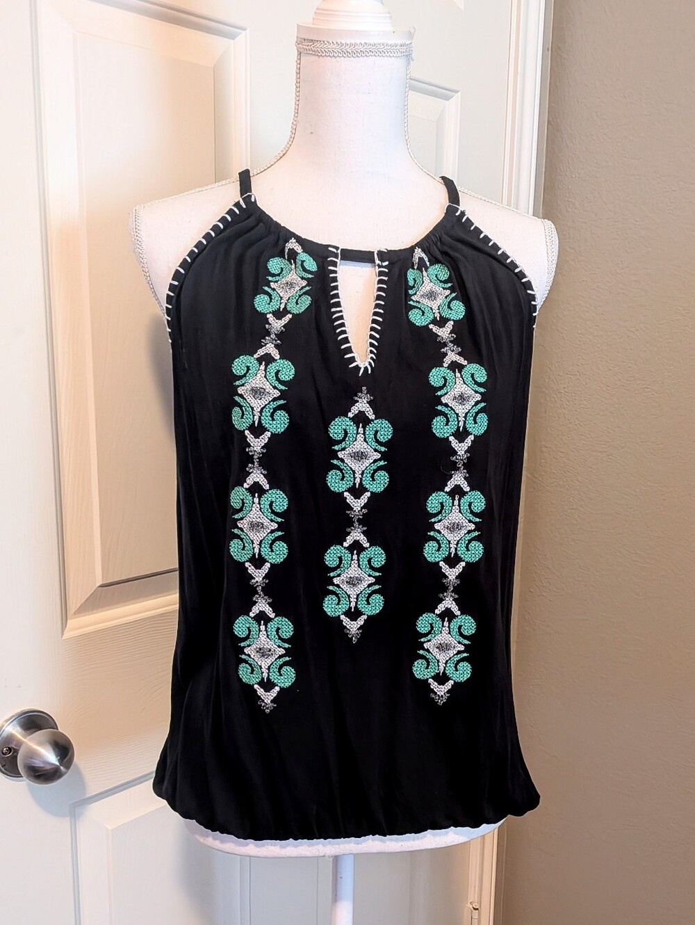 Embroidered Halter Tank Top - Black with Teal Accents